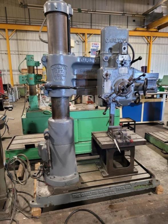 3' x 9", CARLTON RADIAL DRILL, BOX TABLE, VISE, USED